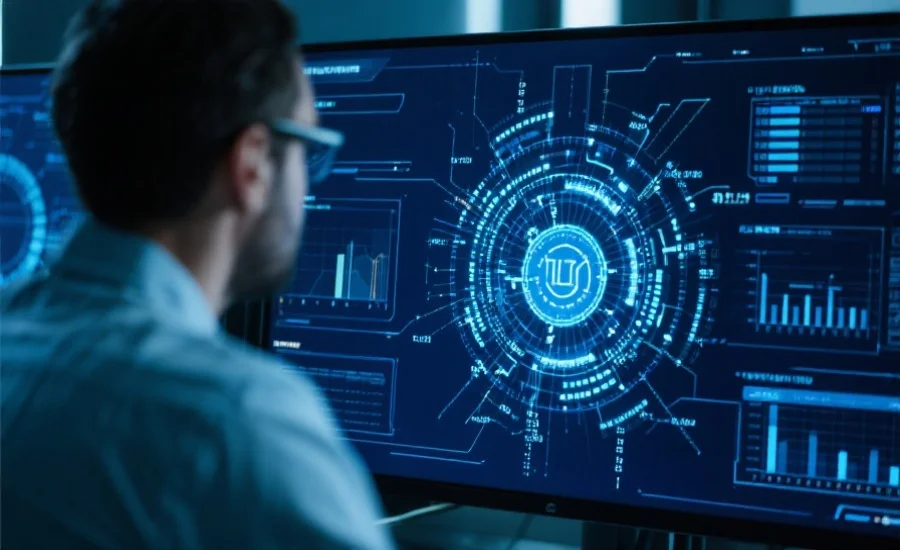 一位工程师在监控屏幕前分析数据流，屏幕上显示着复杂的数据加密图表，突出网络安全和技术感