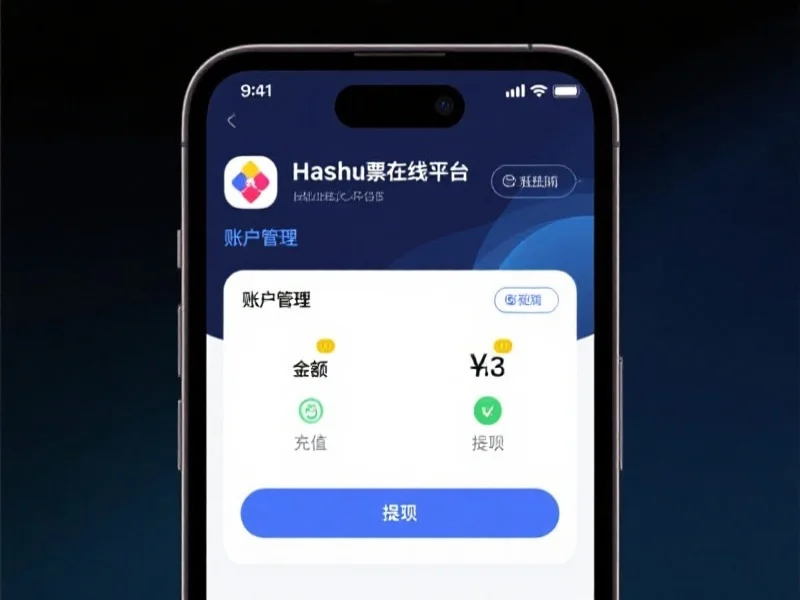 手机屏幕显示哈希彩票线上平台账户管理界面，包括余额、充值与提现选项，风格现代科技感